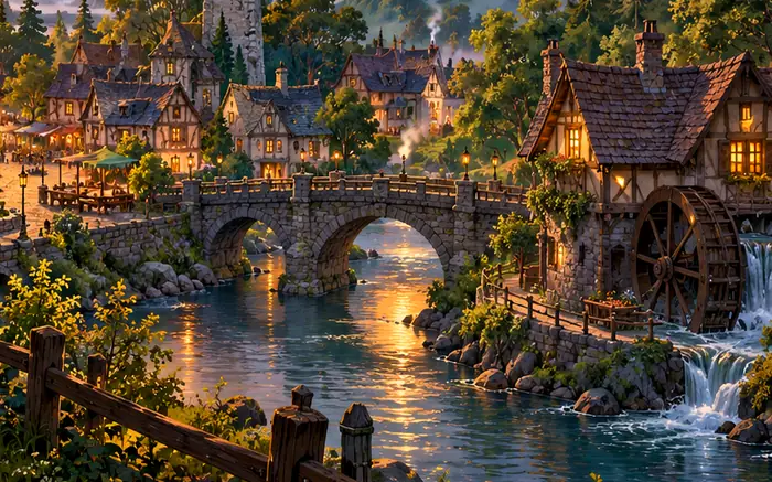 Storybook riverside bridge and water
