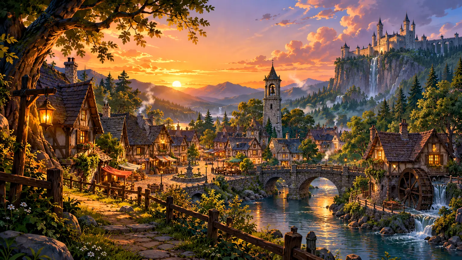 Richly illustrated fantasy village set between a waterfall, dense woodland, and a distant castle