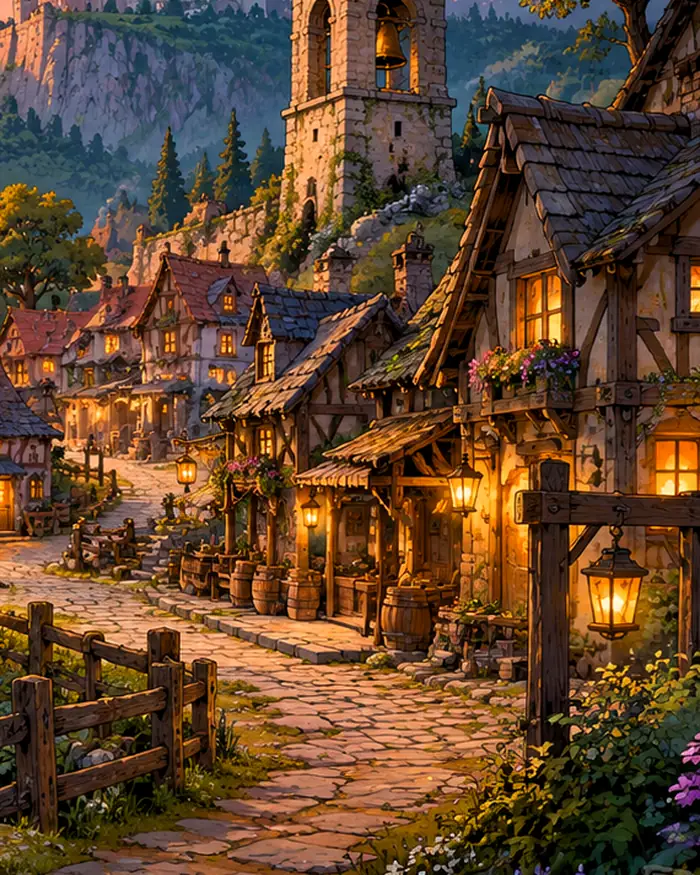 Warmly lit medieval rooftops seen through a castle window