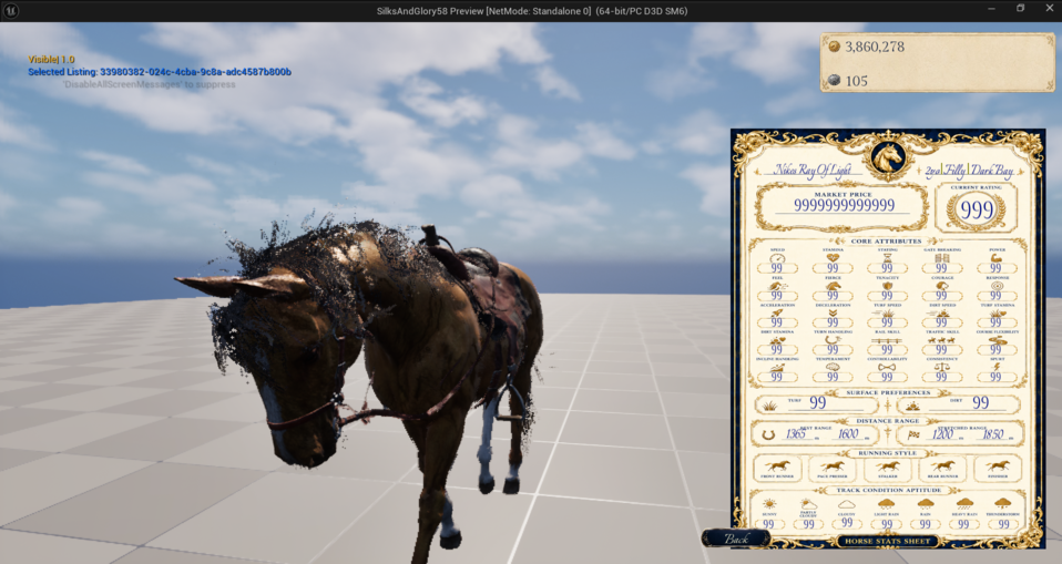 Horse Market three-dimensional horse preview and stats sheet